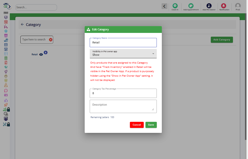 In Visibility in Pet Owner App, select Show.