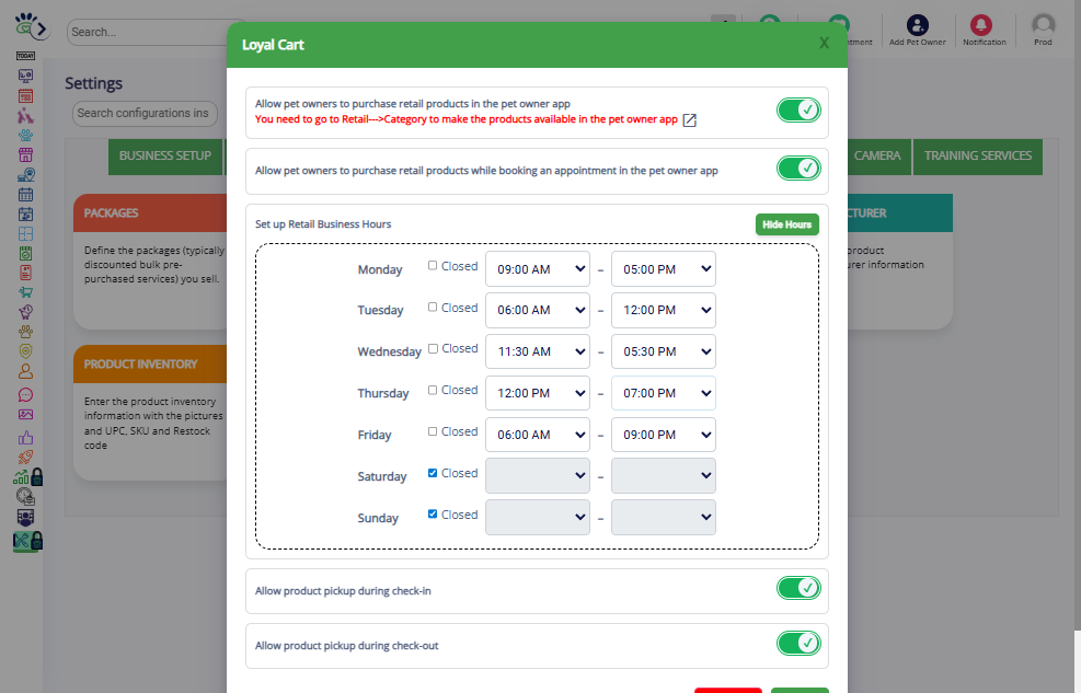 Configure Business Hours for when retail products are available for sale.