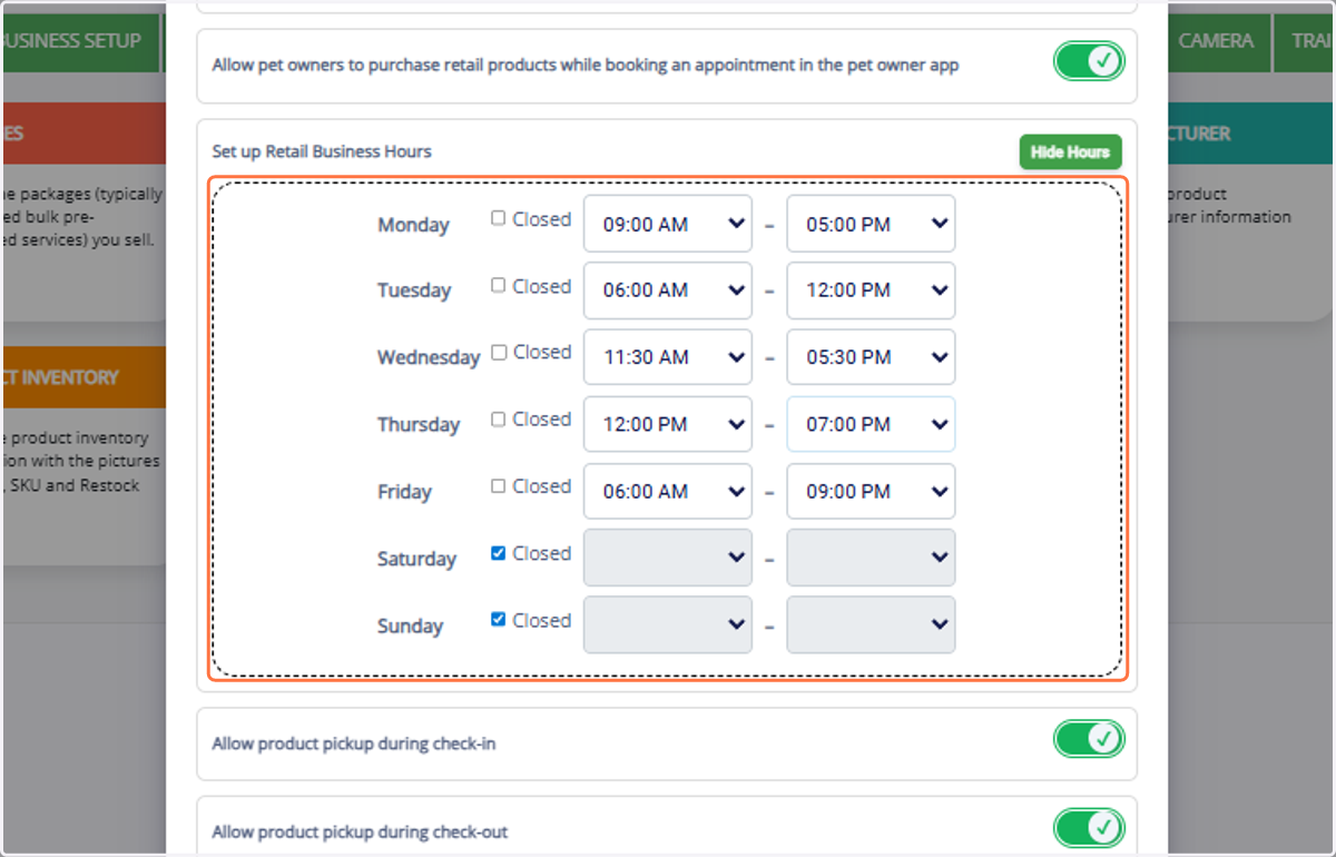Configure Business Hours for when retail products are available for sale.