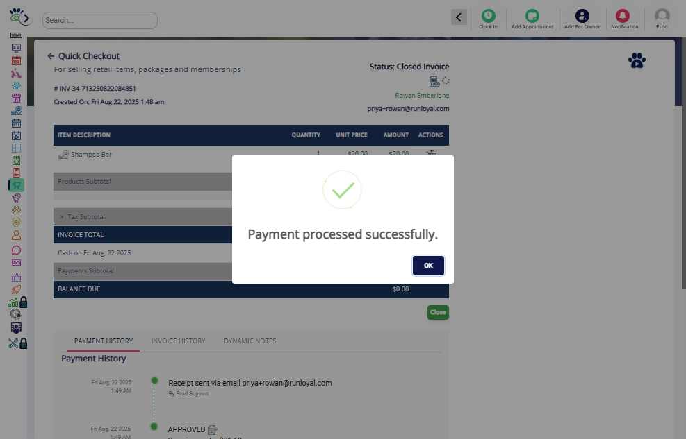 Complete payment using the default options (Cash / Card / Terminal / Other). Once successful, the order displays in Retail Orders.