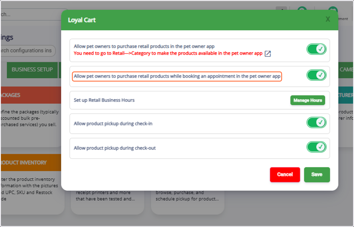 Enable the Show During Appointment Booking toggle to display products when owners book appointments (boosts sales).