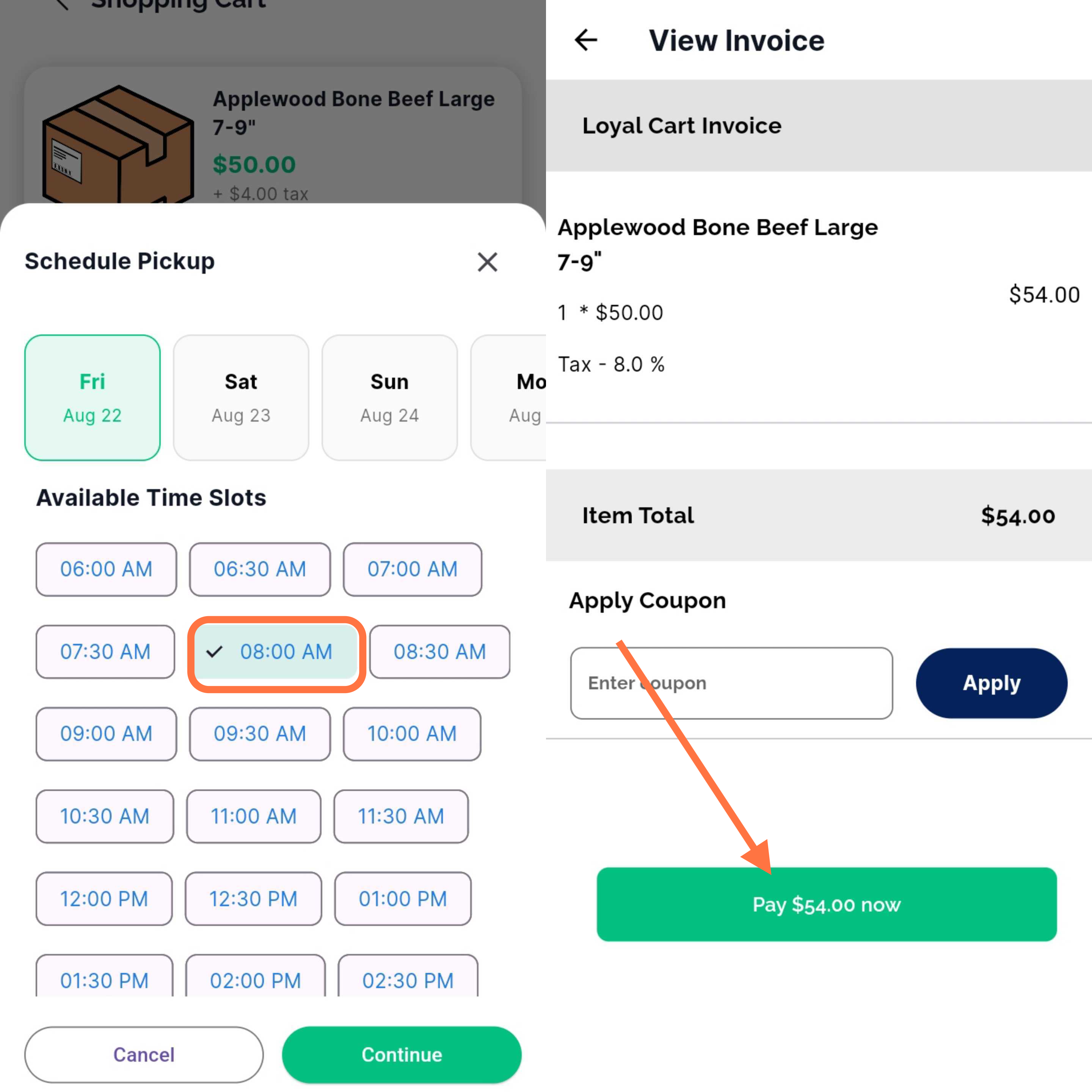 Pet owners can choose pickup date and time, then complete payment in the app using a saved card.