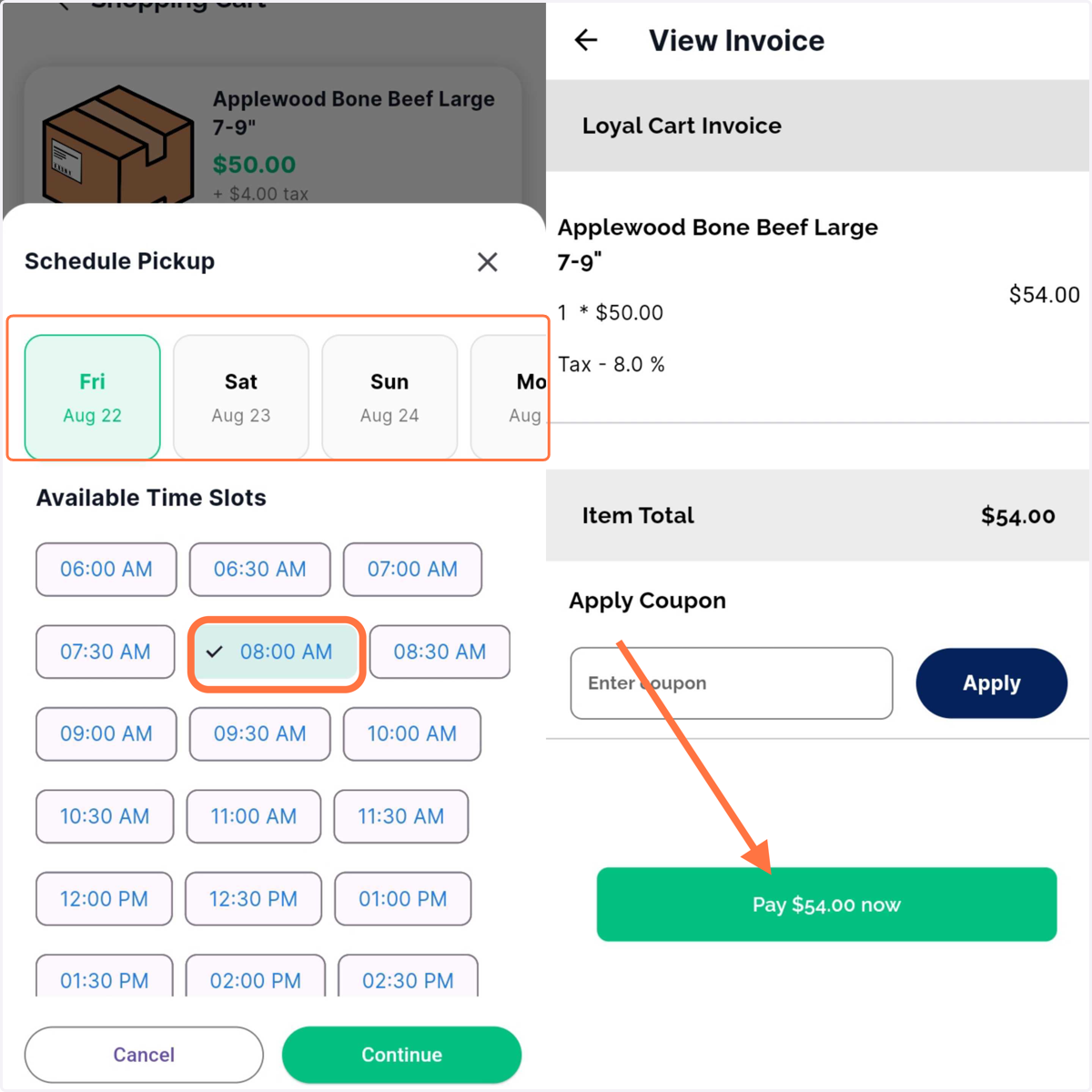 Pet owners can choose pickup date and time, then complete payment in the app using a saved card.