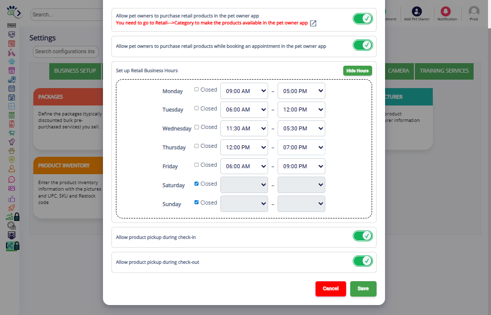 Set pickup rules: allow collection during Check-in, Check-out, or both.
