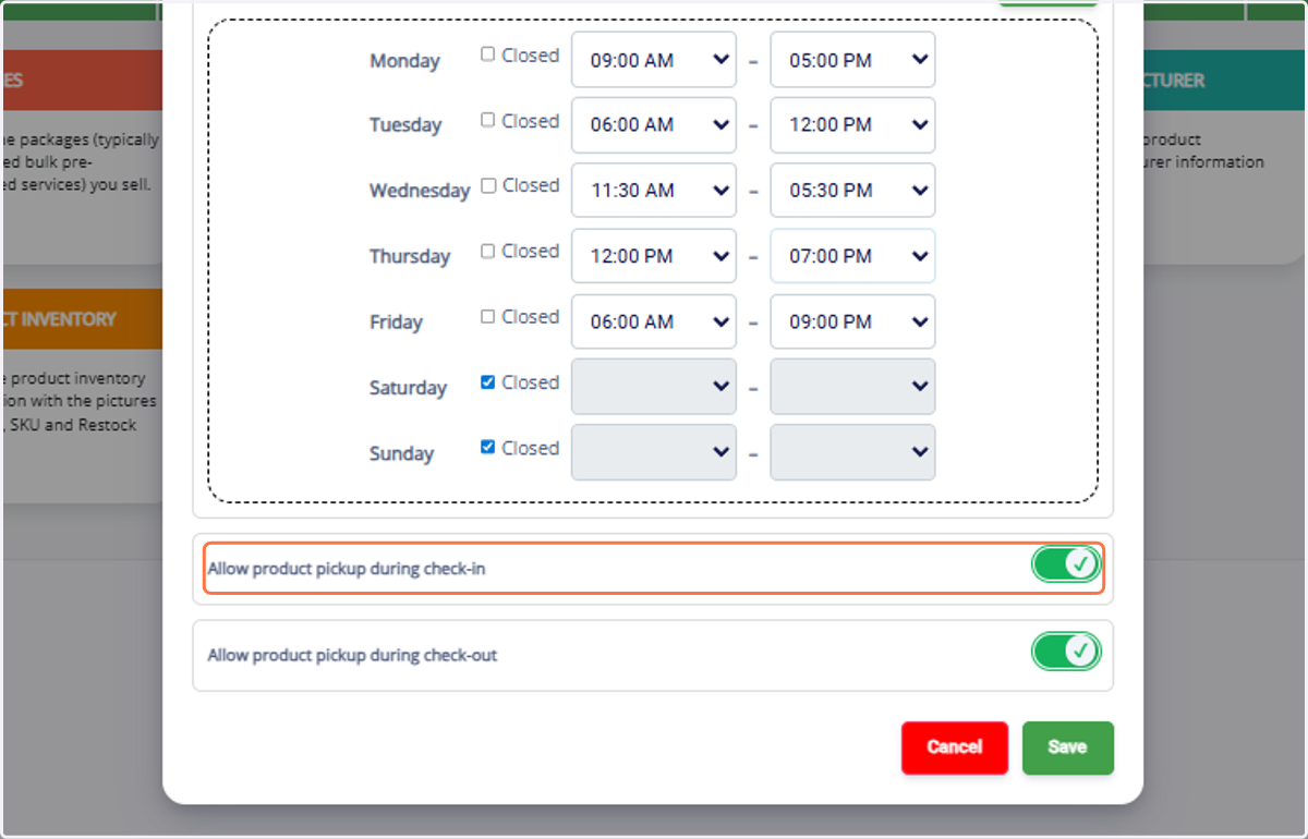Set pickup rules: allow collection during Check-in, Check-out, or both.