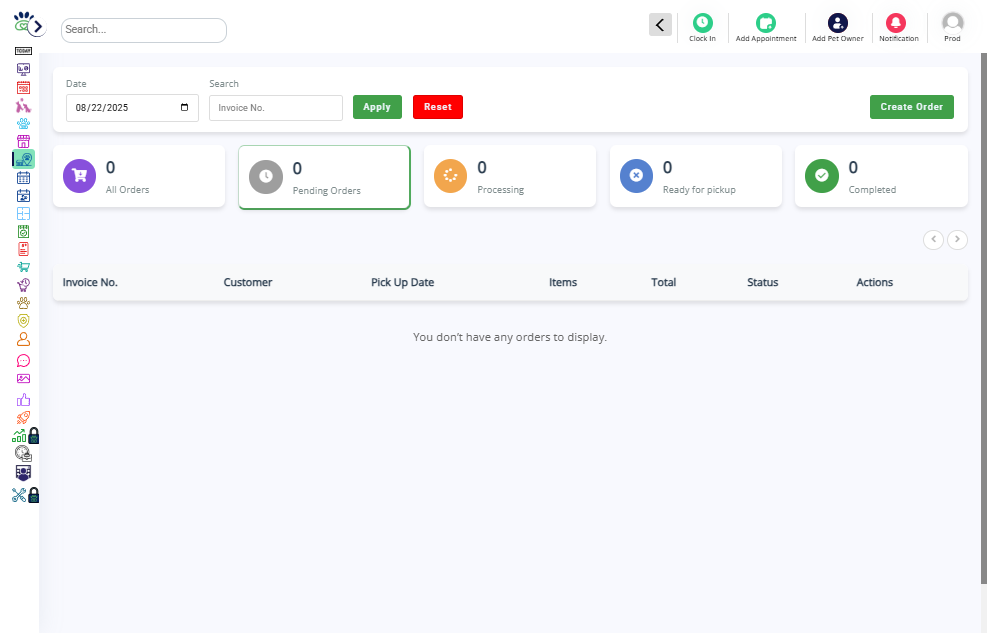 View all orders by status: Pending, Processing, Ready for Pickup, Completed.