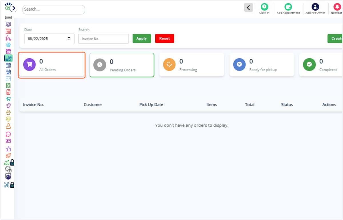 View all orders by status: Pending, Processing, Ready for Pickup, Completed.
