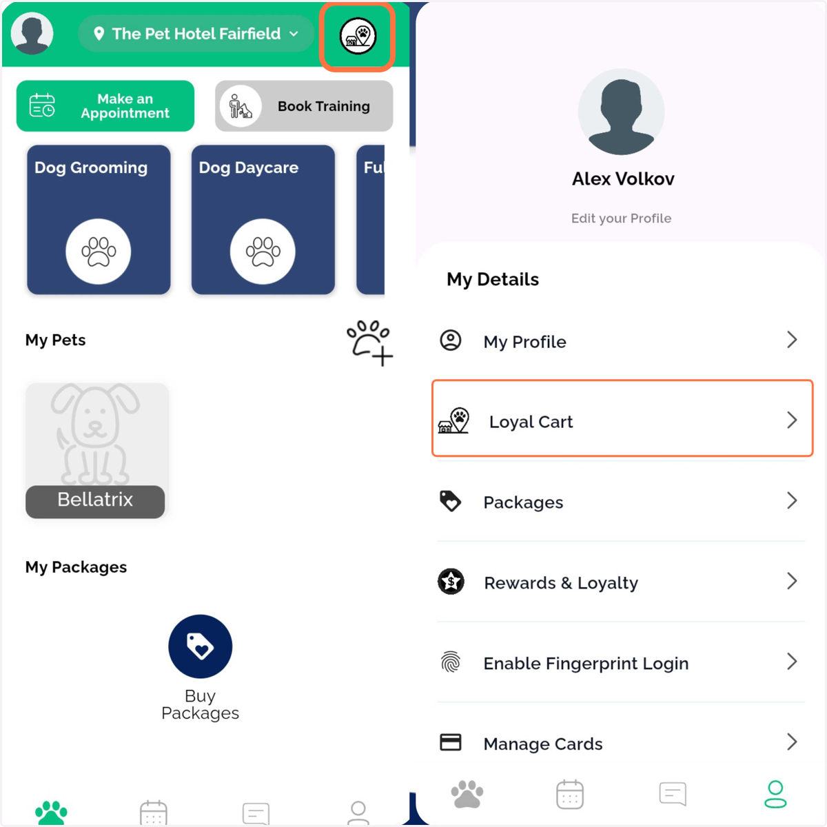 Pet Owners can navigate to Loyal Cart from the top-right corner of the home screen or from the menu.
