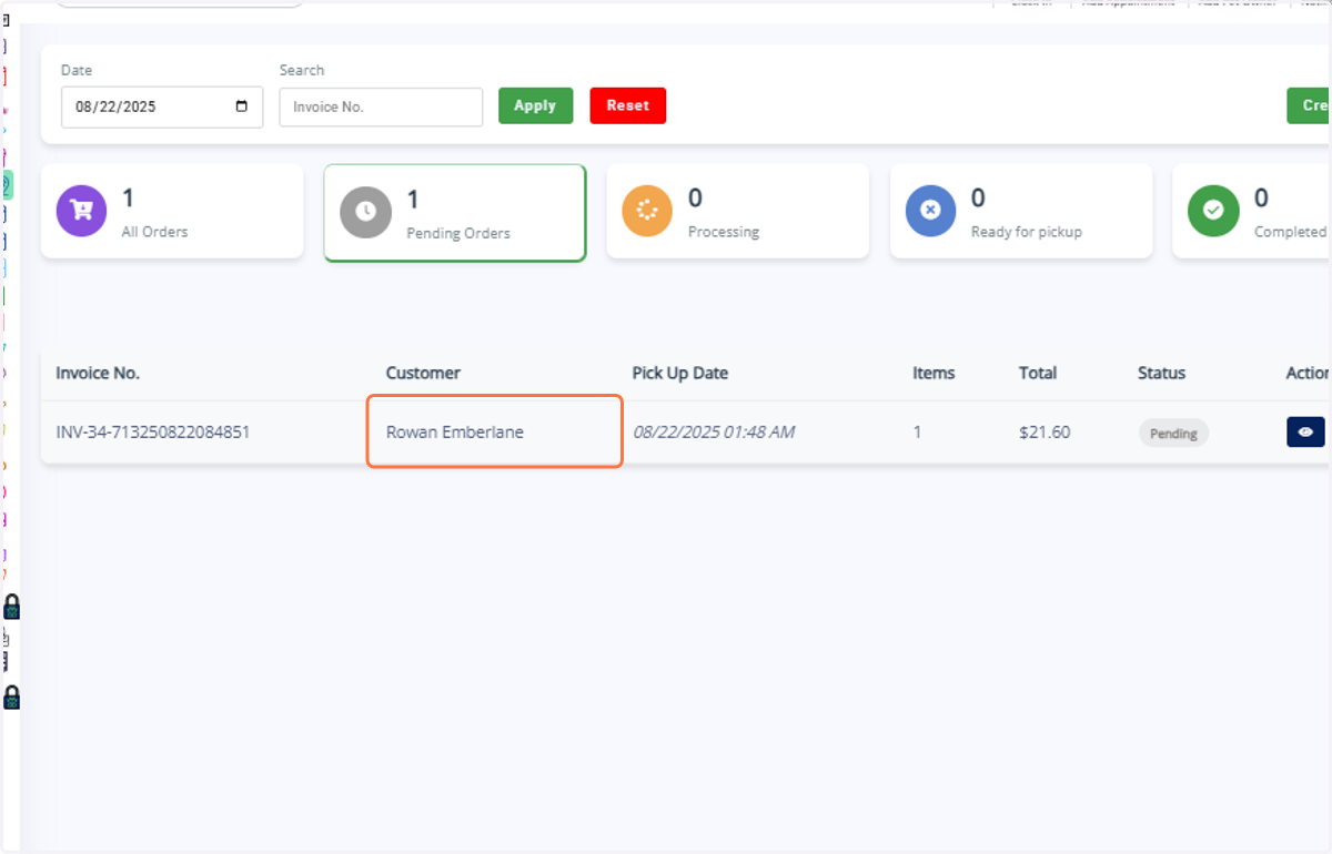 Purchased products will appear under Pending Orders with owner details, invoice number, items, total, and status.