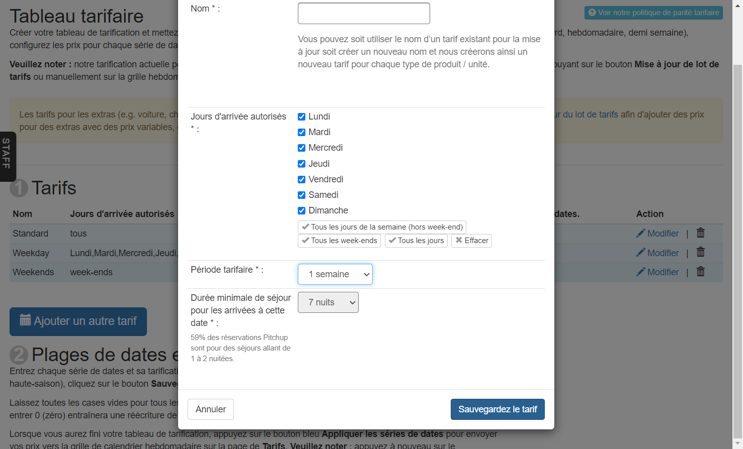 Cliquez sur "Sauvegardez le tarif"