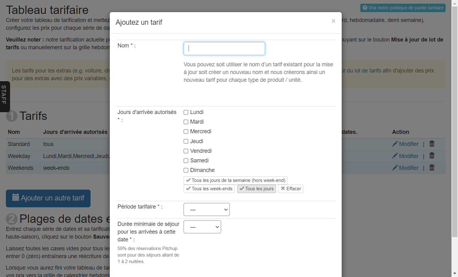 Sélectionnez les jours d'arrivée auxquels ce tarif s'applique