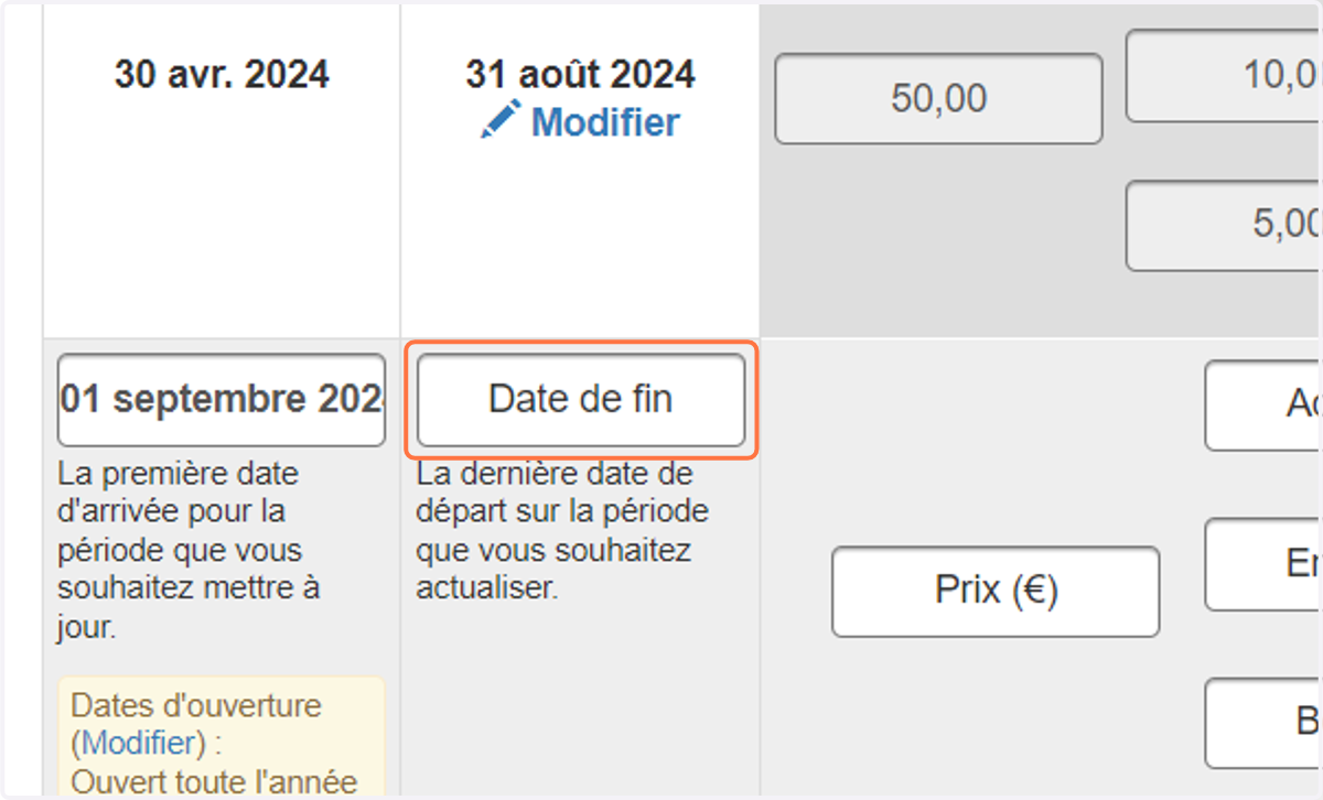 Répétez les étapes 12 à 14 pour chaque type d'unité jusqu'à ce que le tableau soit complet. Cliquez ensuite sur "Sauvegarder les plages de dates et les prix".