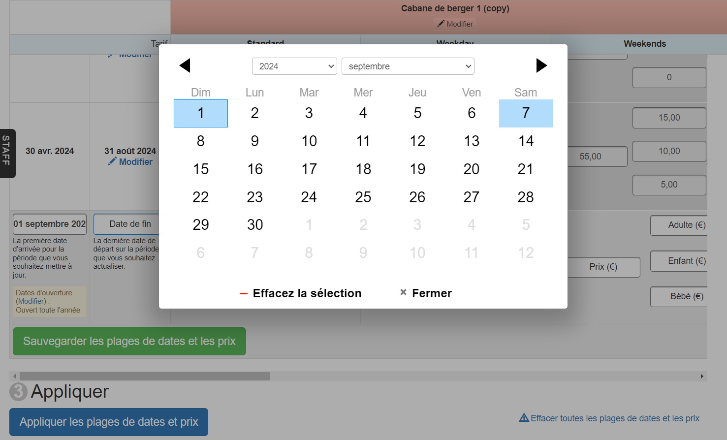 Utilisez la fenêtre de calendrier pour sélectionner les dates