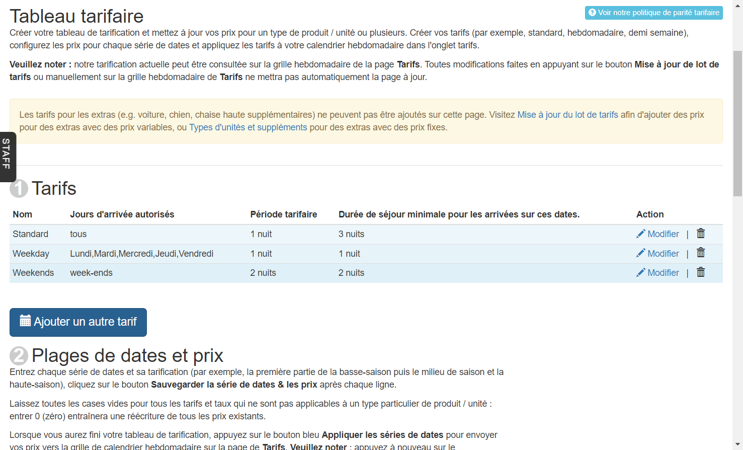 Cliquez sur "Ajouter un tarif"