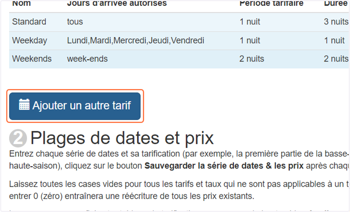 Cliquez sur "Ajouter un tarif"