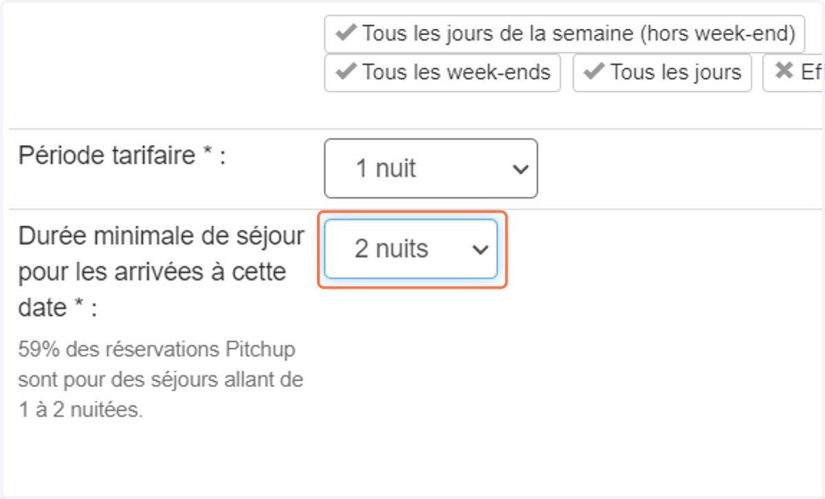 Exemple de paramétrage d'un tarif par nuitée avec une règle de séjour minimum de 2 nuitées :
