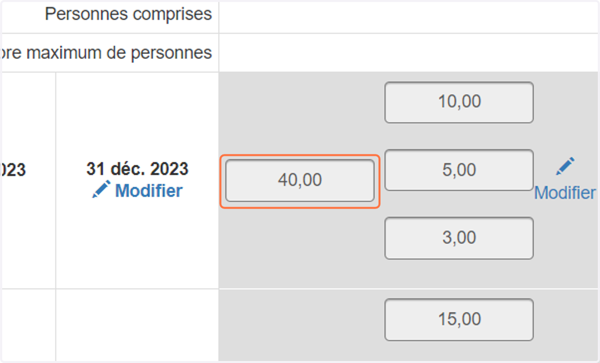 Dans la section 2 : "Plages de dates et prix", vous trouverez un tableau avec les noms des types d'unités et les tarifs en bas.
