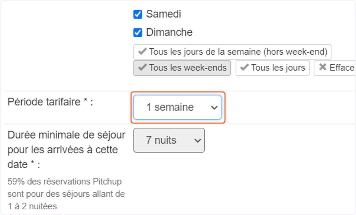 Sélectionnez la période de tarification (le nombre de nuitées obtenues pour ce prix) et la durée minimum de séjour