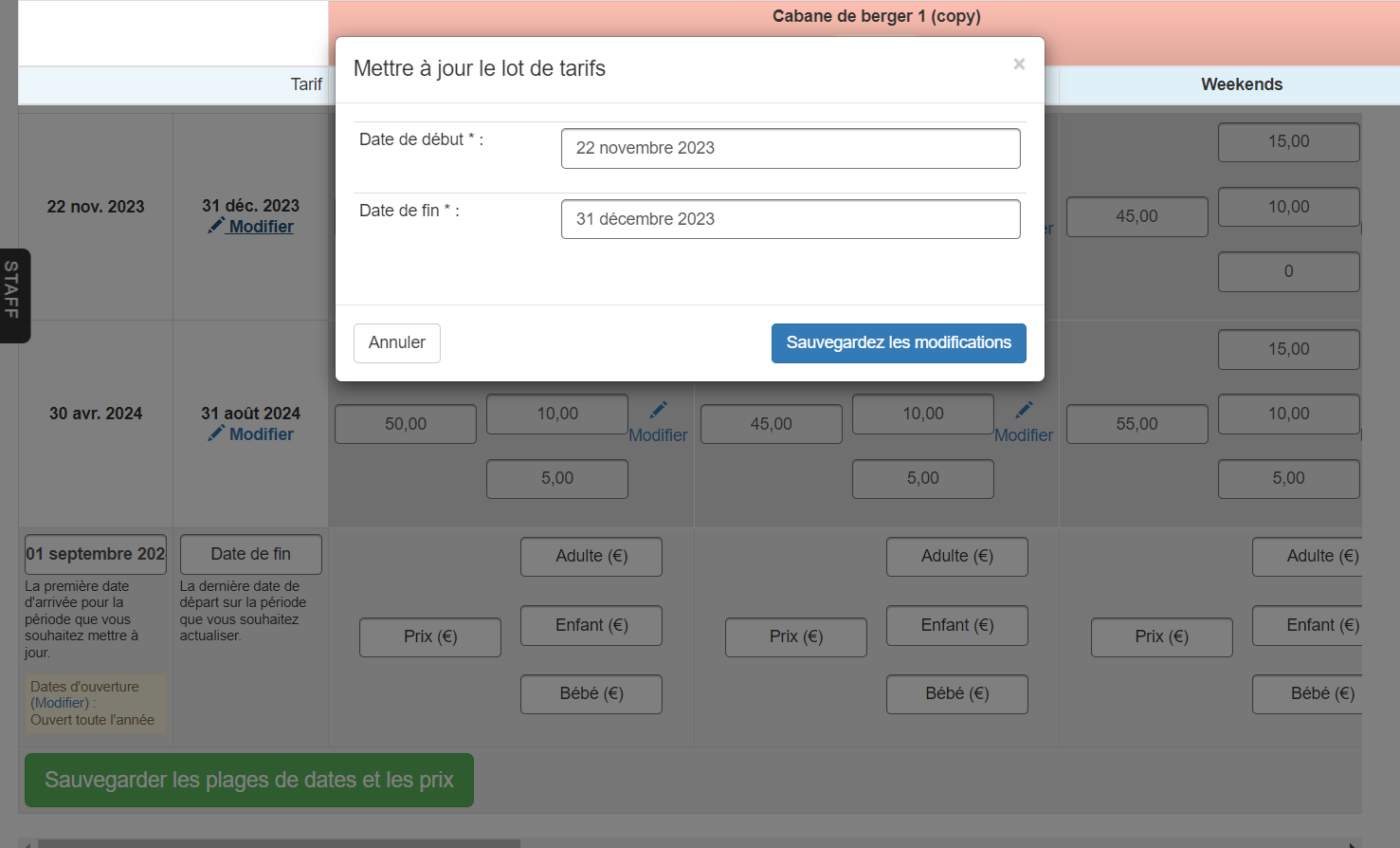 Mettez les dates à jour, puis cliquez sur "Sauvegardez les modifications"