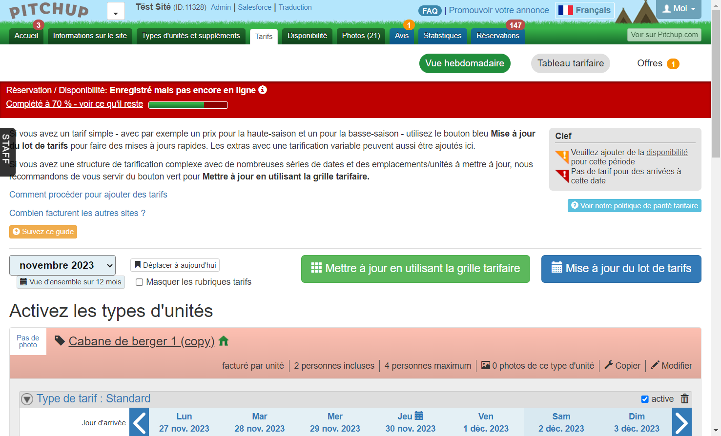 Cliquez sur "Tableau tarifaire"