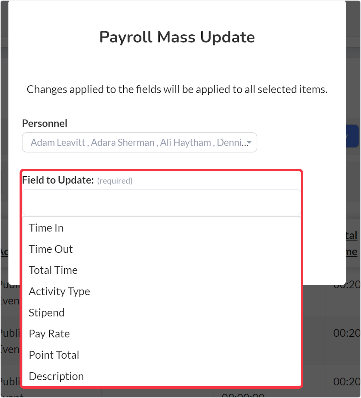 The Payroll Mass Update will appear.