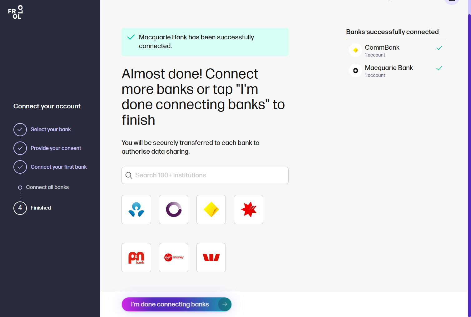 Once complete, click on I'm done connecting banks