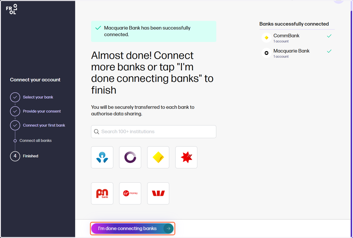 Once complete, click on I'm done connecting banks