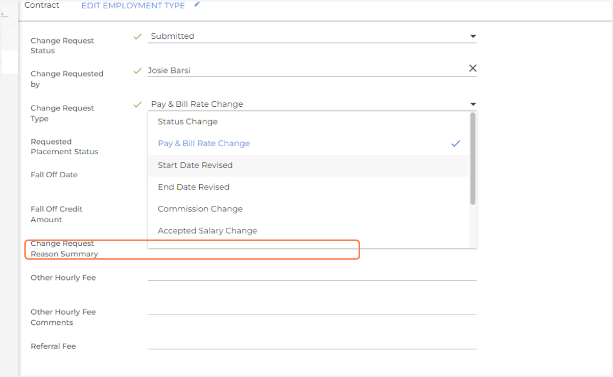 Add Change Request Reason Summary