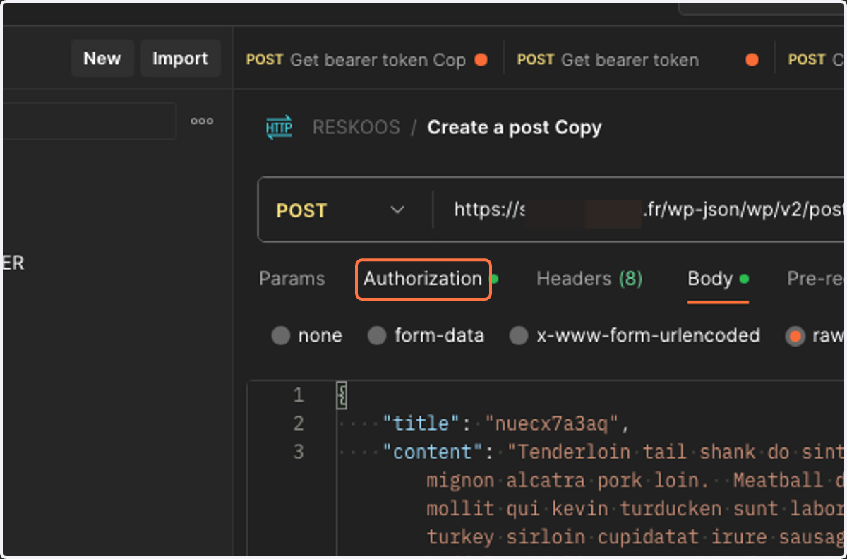 Click on Authorization, Fill in the Bearer token
