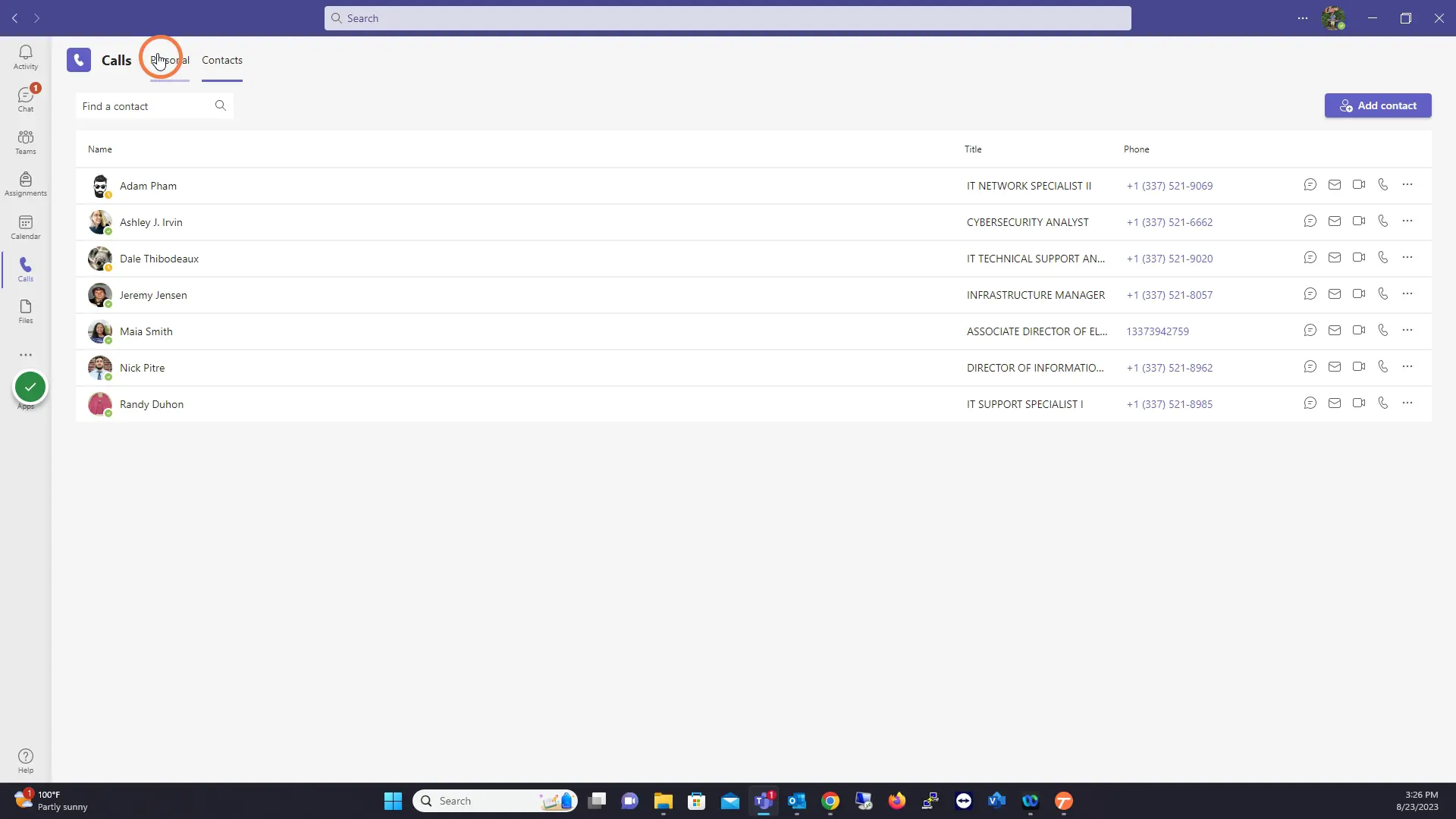 Click Contacts to see individuals in your speed dial and other contact groups