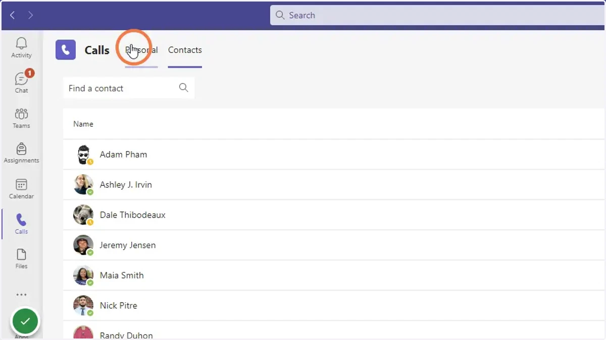 Click Contacts to see individuals in your speed dial and other contact groups