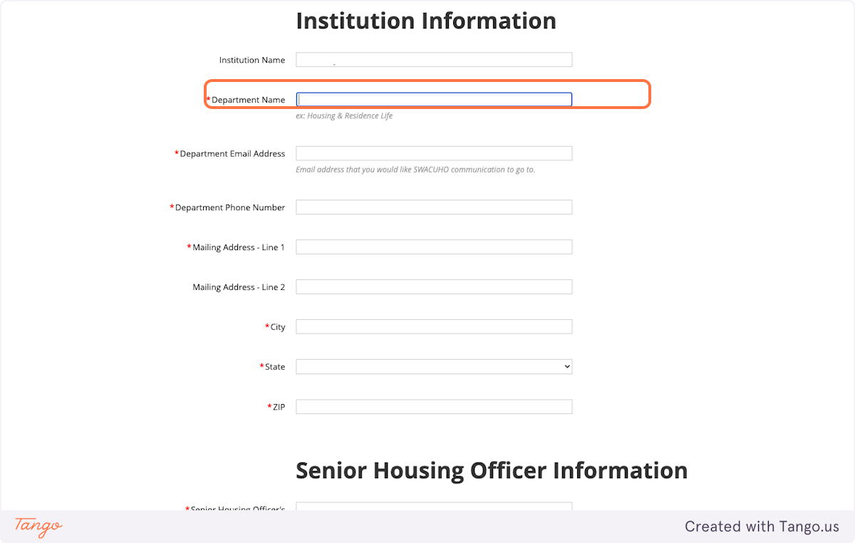 Complete Institution Information section