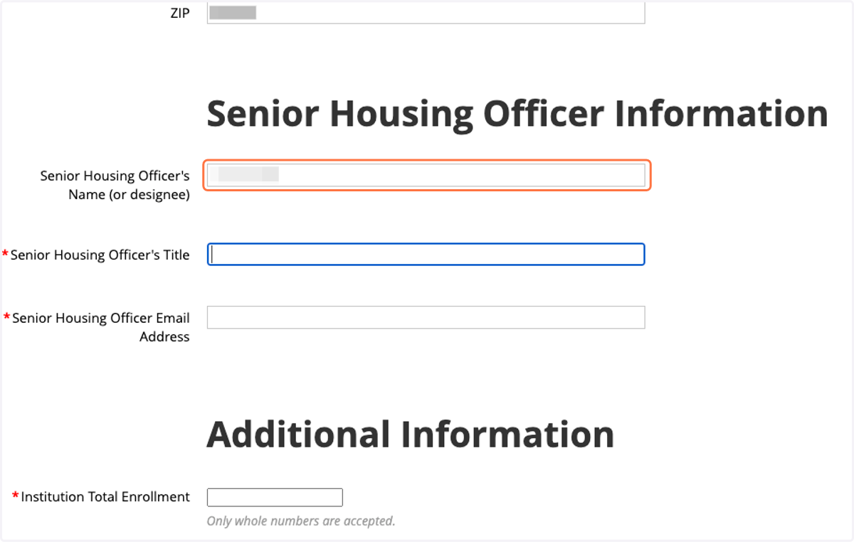 Complete Senior Housing Officer Information section