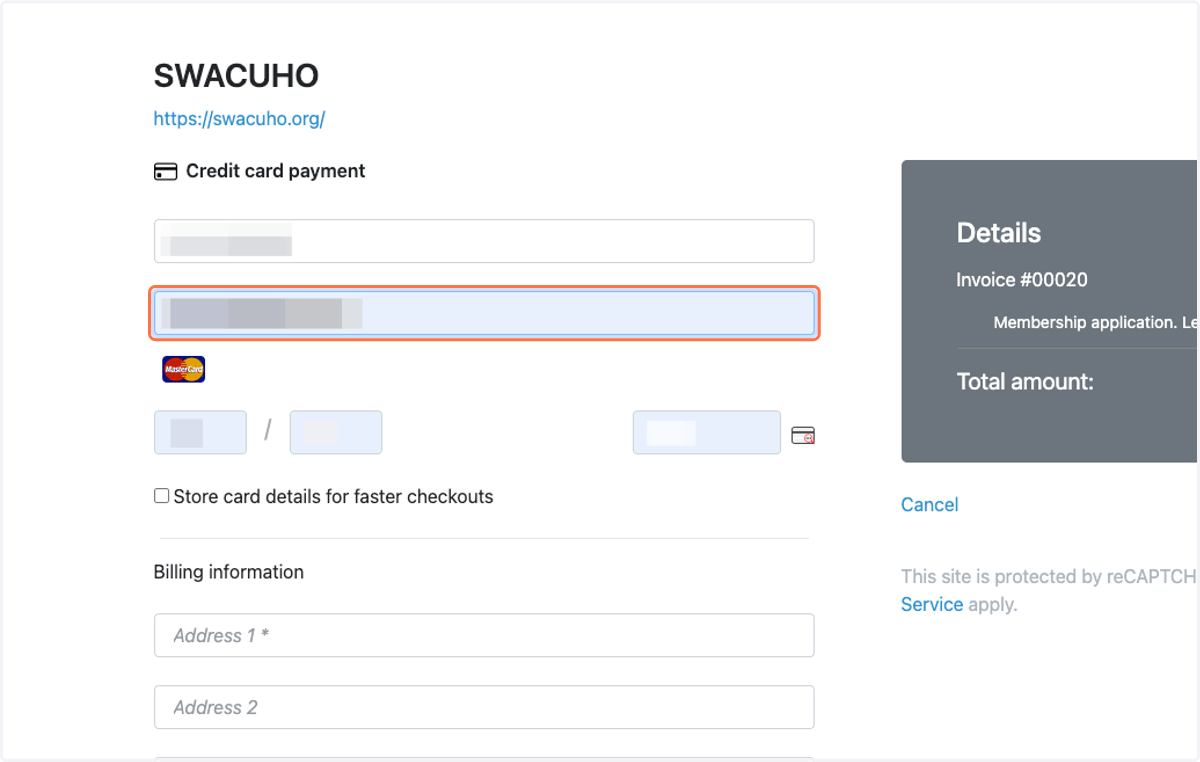 Complete card and billing information