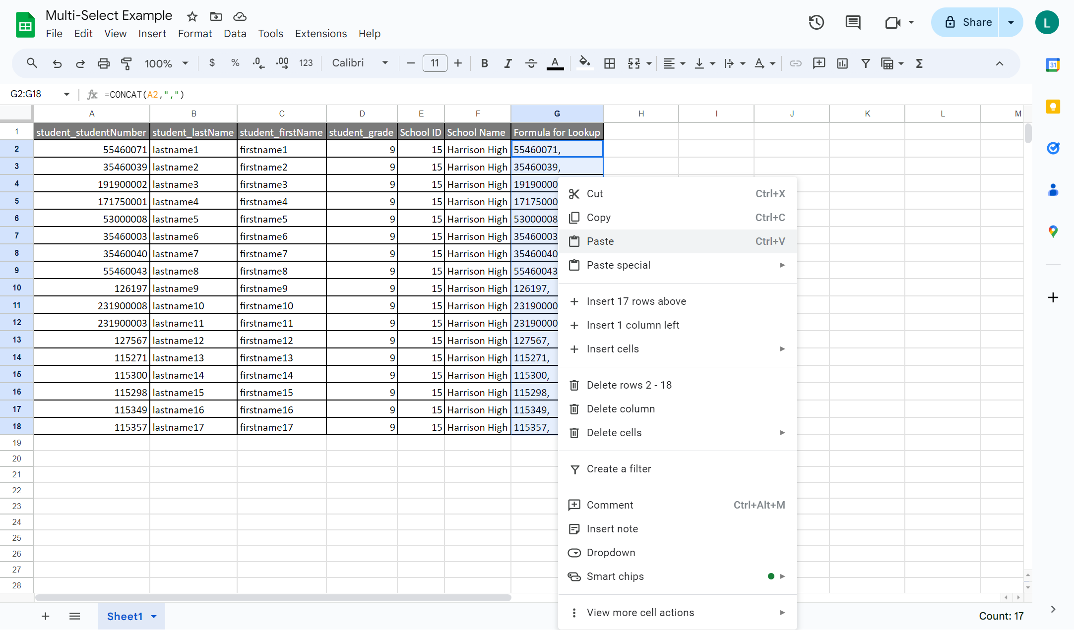 With the student numbers selected, right click and choose copy.