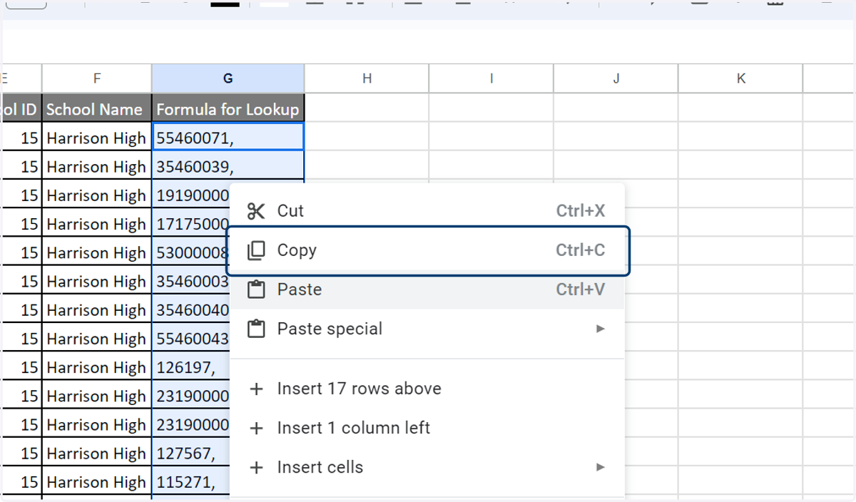 With the student numbers selected, right click and choose copy.