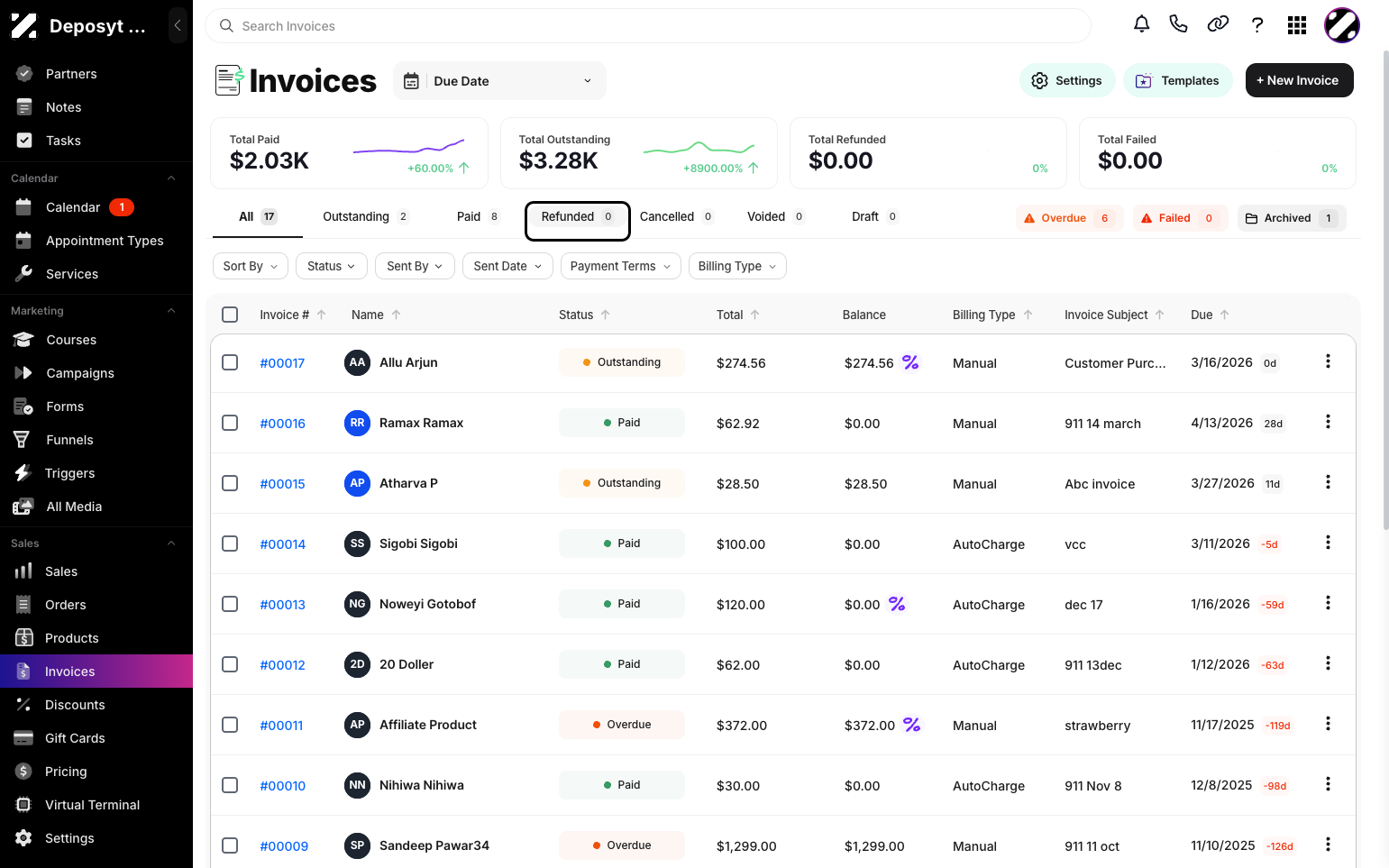Step 3: Click the Refunded button next to the Paid button. Your view will now display all Refunded Invoices.