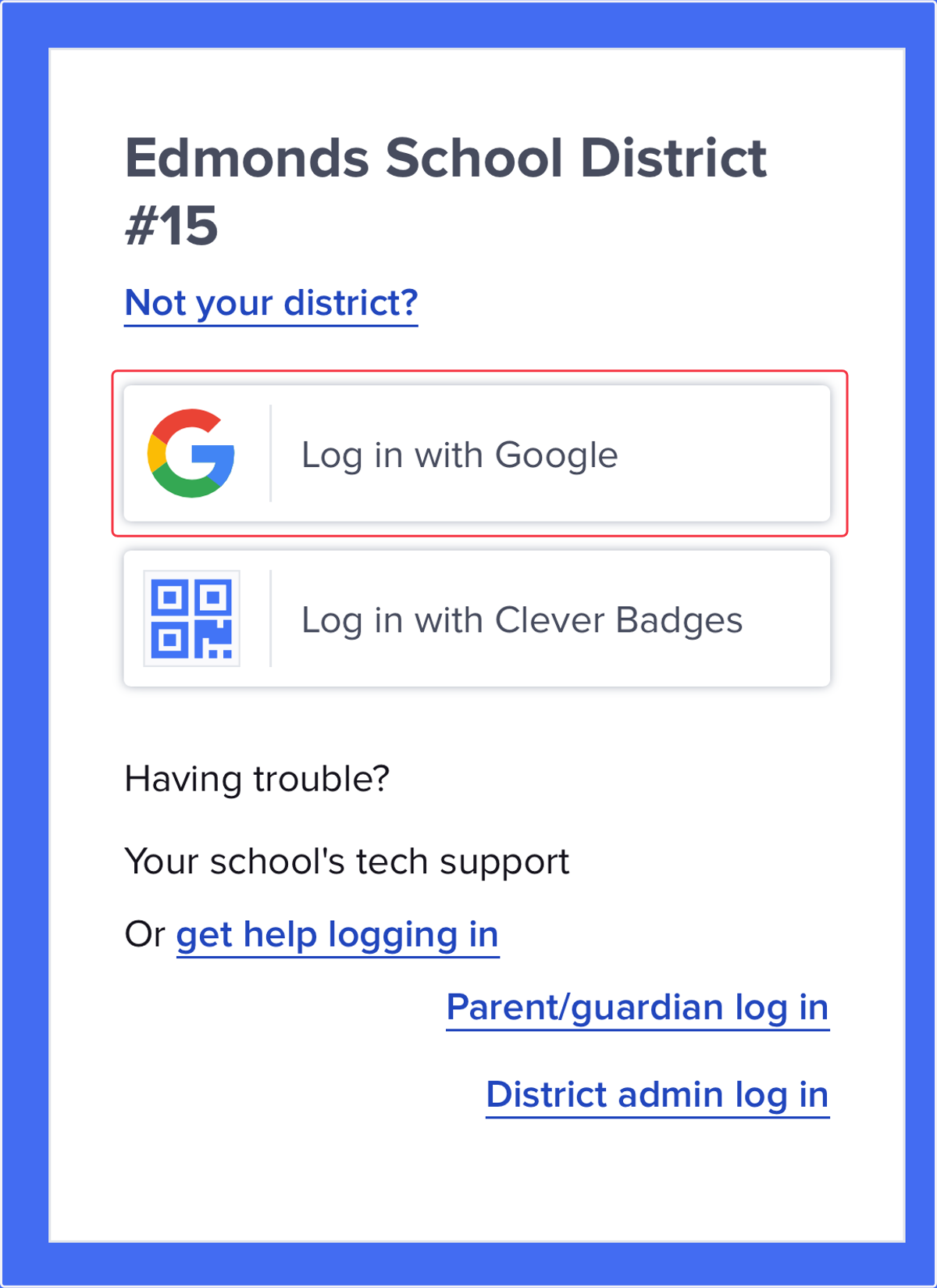 Clever login page with button, "Login with Google."