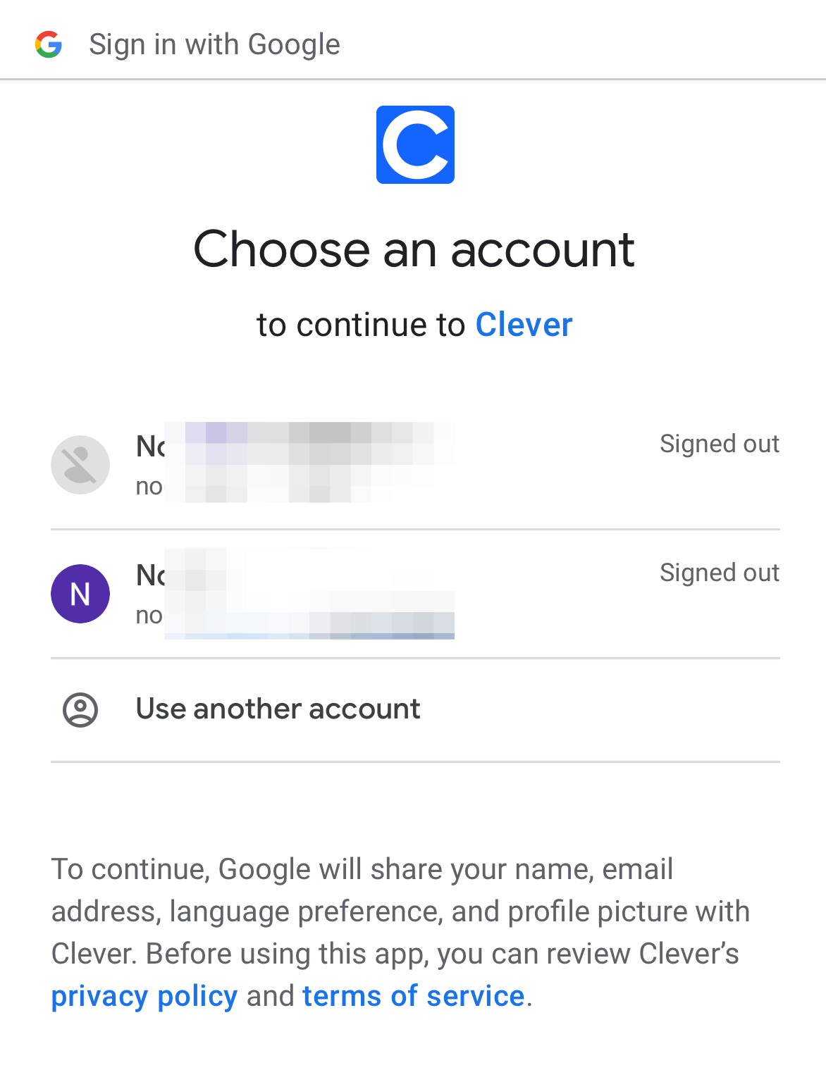 Choose an account page with button, "Use another account"