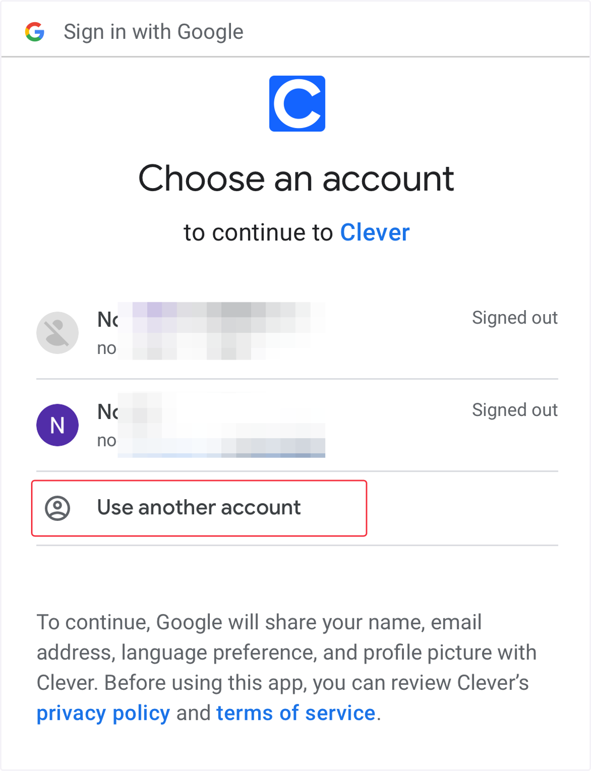 Choose an account page with button, "Use another account"