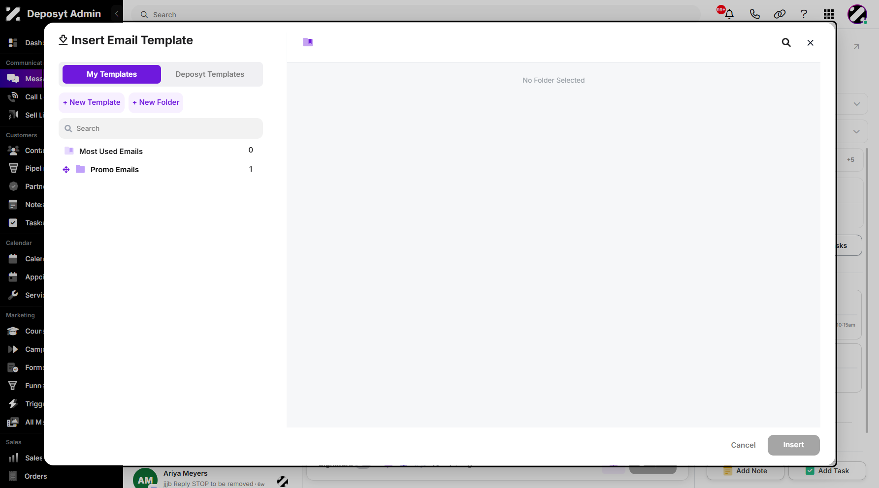 Step 5: A pop-up window will appear, showing the My Templates section, where all user-created templates can be found, and the Deposyt Templates section, where all the default templates can be found.