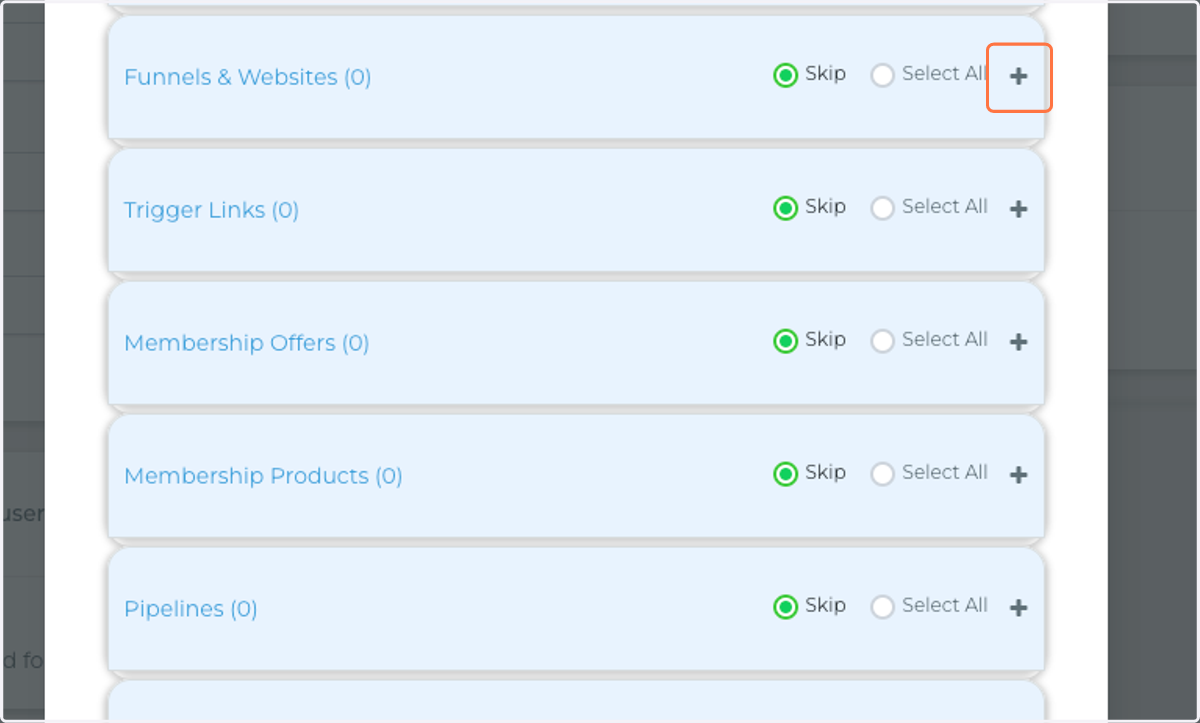 Click "+" to expand "Funnels & Websites"