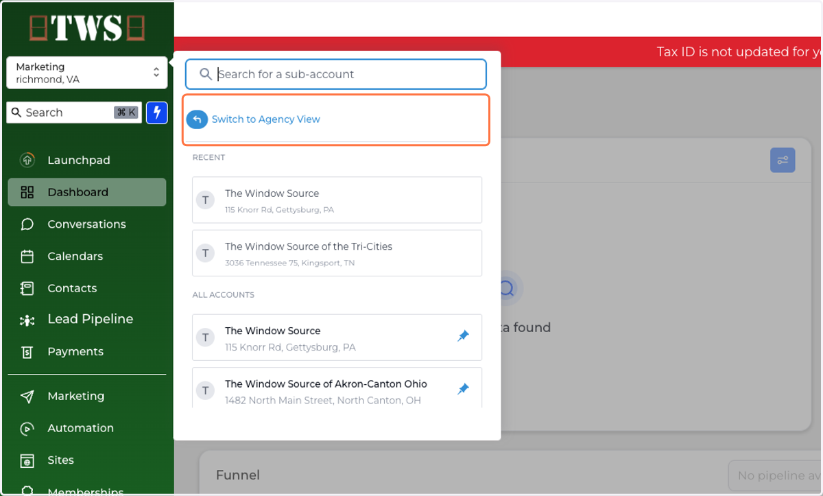 Click on Switch to Agency View