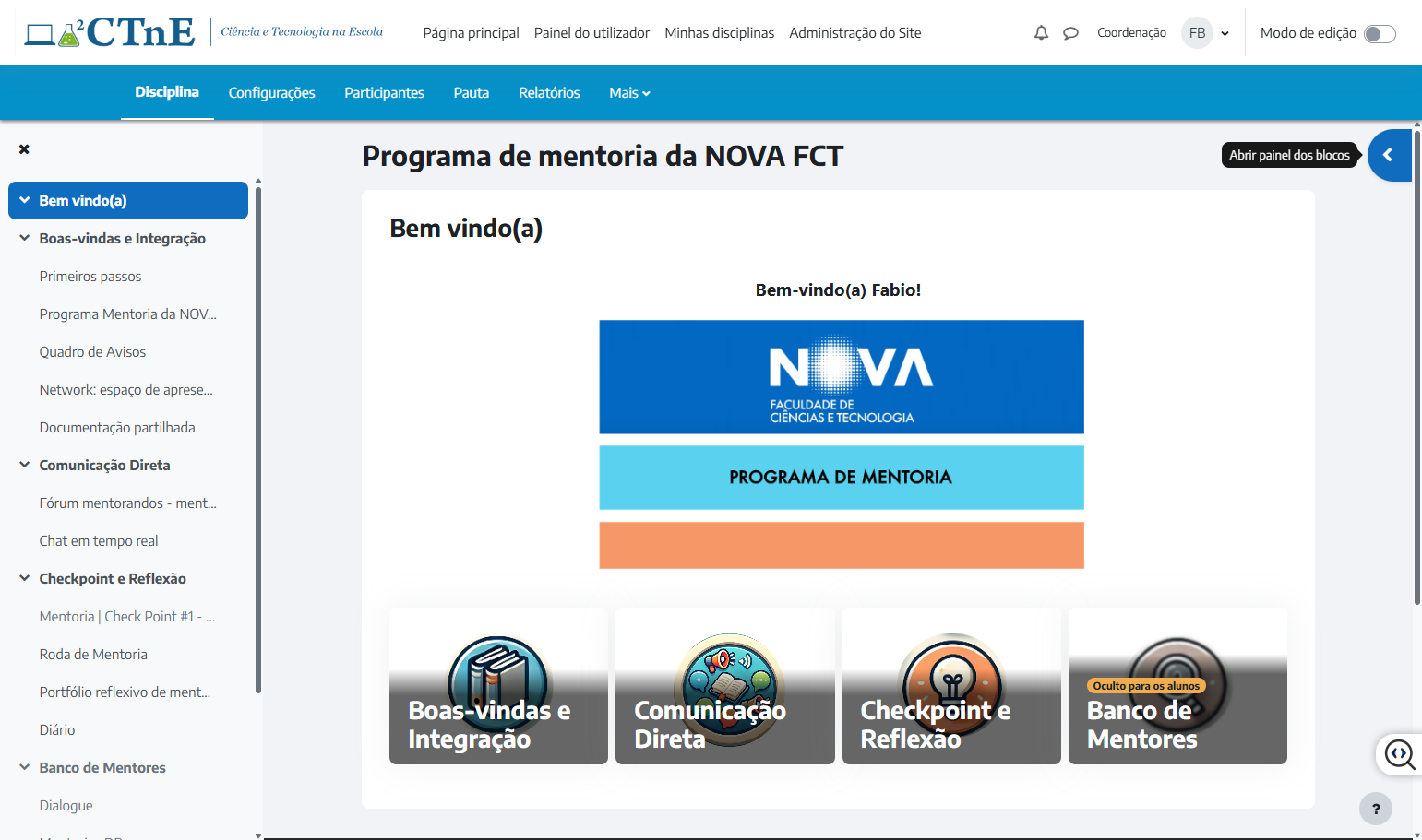 Click on Abrir painel dos blocos