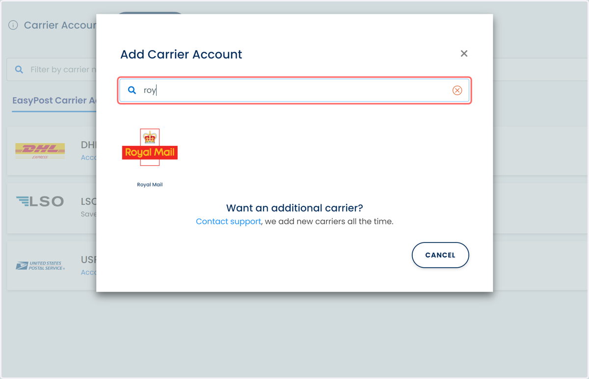 Search for the carrier you wish to add