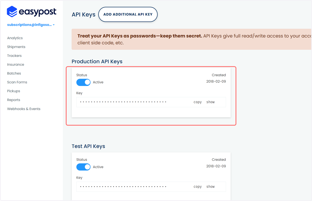 API Keys page
