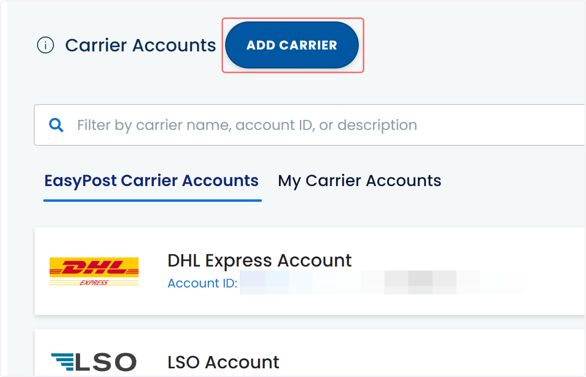 Click Add Carrier to input new carrier information