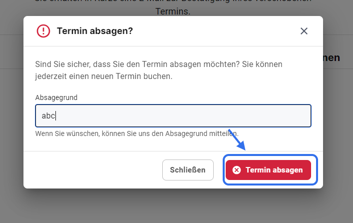 Type a reason for cancellation if you like and click on cancel appointment