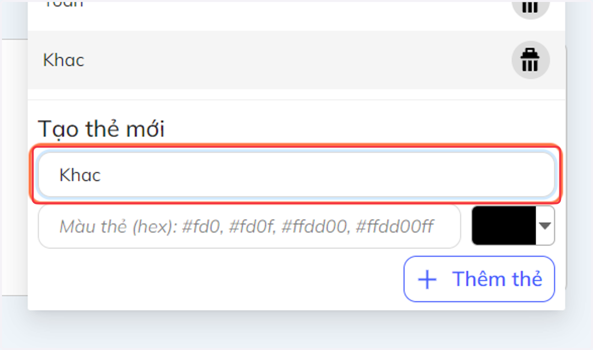 Nếu không có thẻ cần dùng, tại chỗ "Tạo thẻ mới" nhập tên thẻ mới