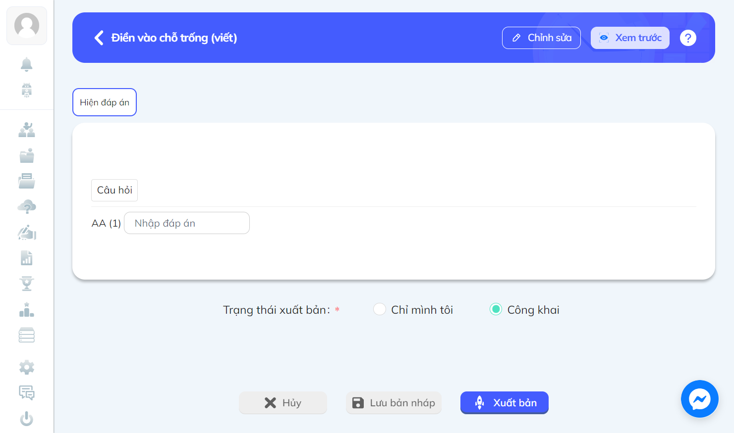 Bảng hiển thị câu hỏi